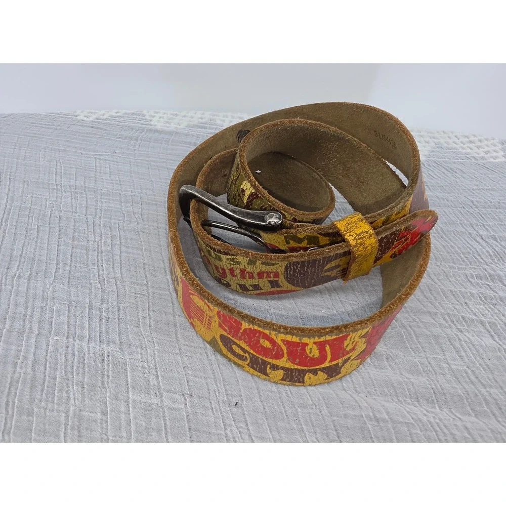 Leather Island Bill Lavin Graphic Leather Belt Music Soul Skulls Distressed 34